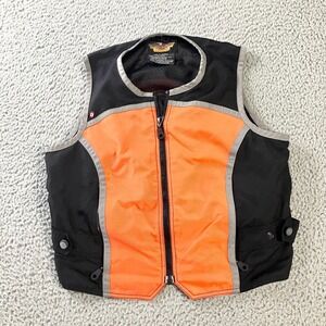 Harley Davidson Vest Mens S-M Orange Black Hi-Vis Safety‎ Full Zip Biker Logo
